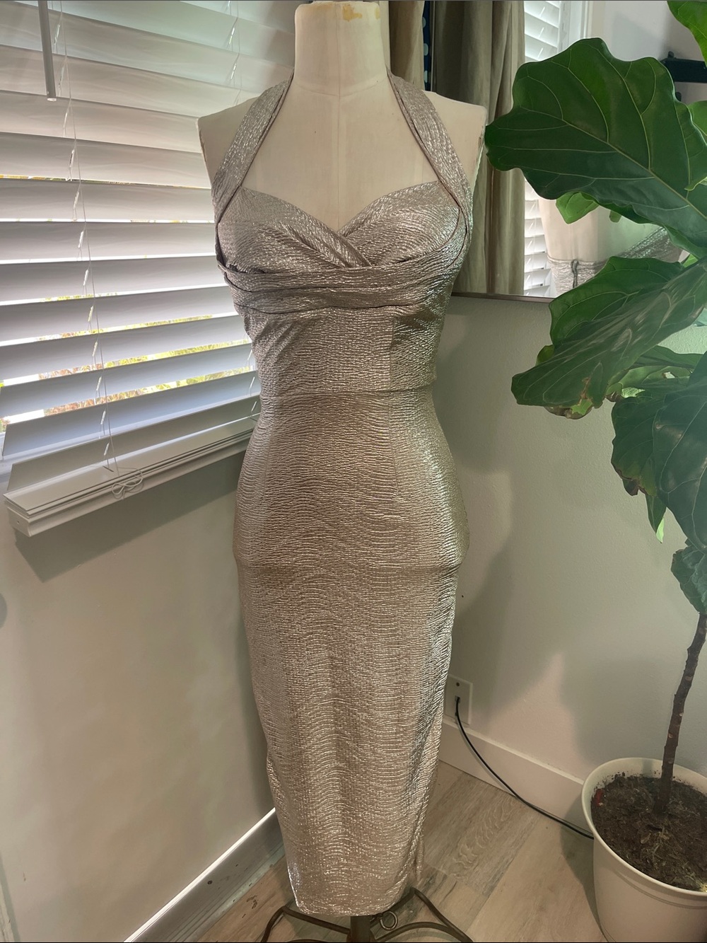 GORGEOUS Stop Staring Silver Screen Metallic Silver Halter Midi Dress